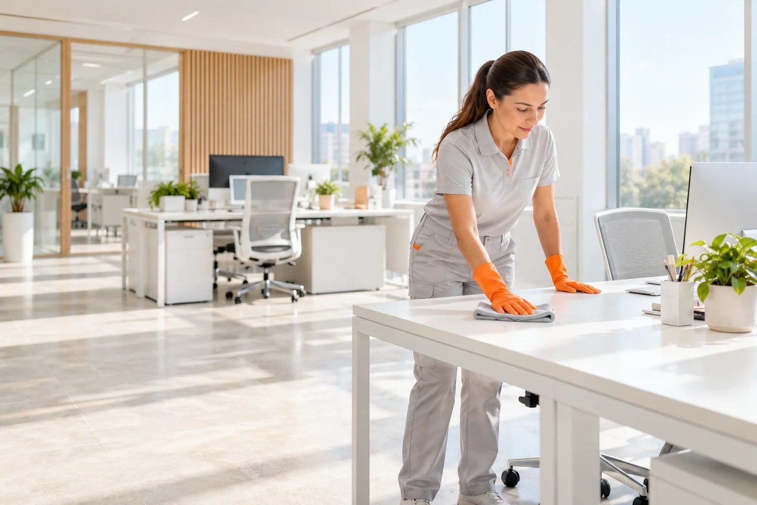 A BrightSite cleaner wiping down a desk in a bright open-plan office